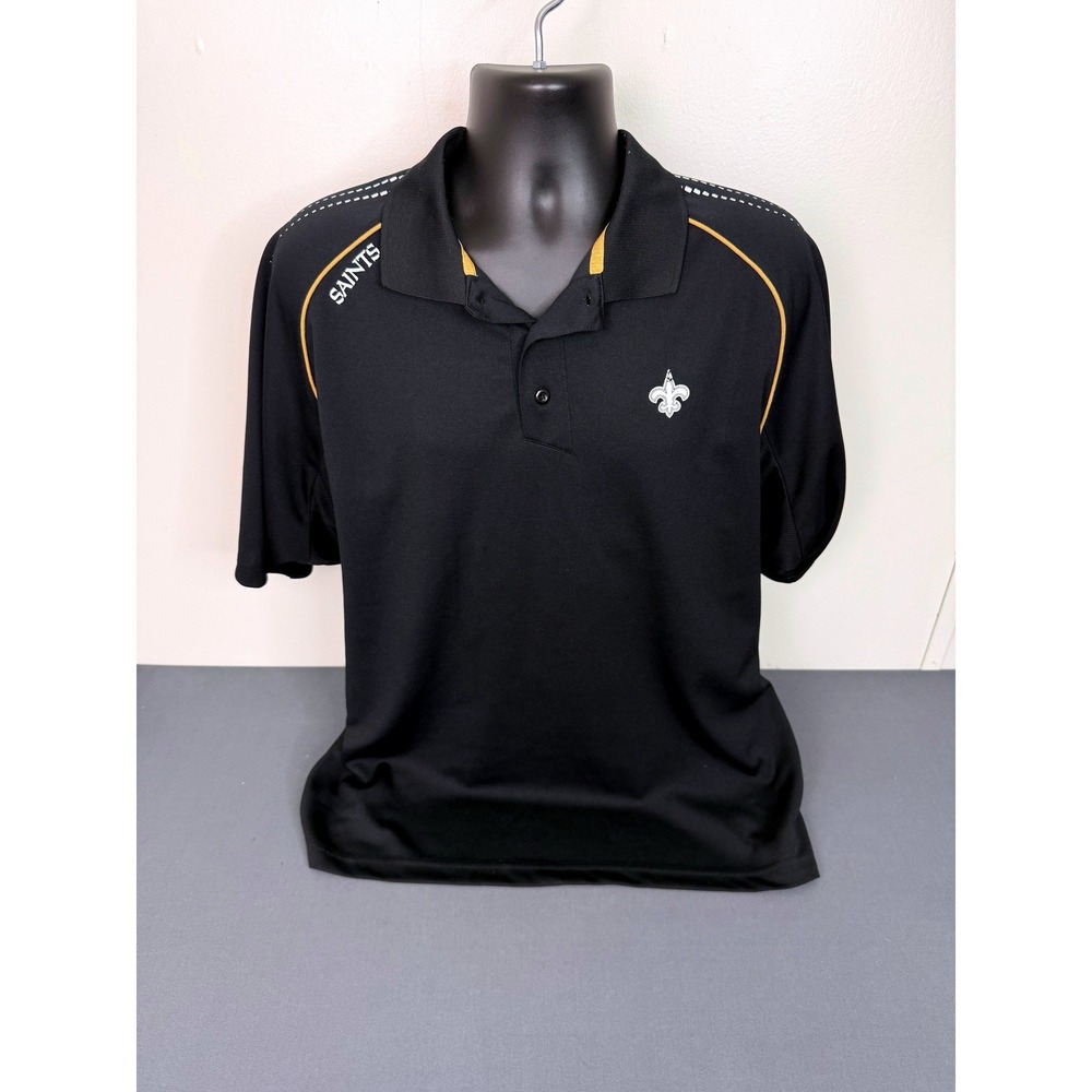 NFL Polo Shirt Mens Large New Orleans Saints Black Gold Piping Performance Logo